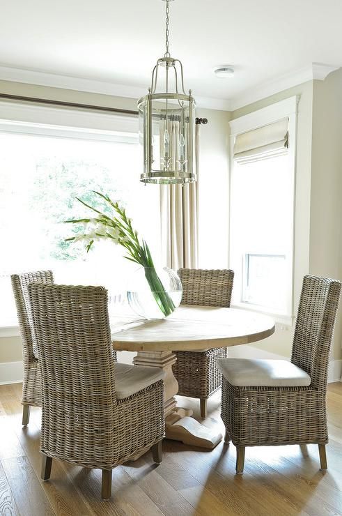 round salvaged wood dining table with wicker dining chairs, transitional,  dining room TSKTAFH