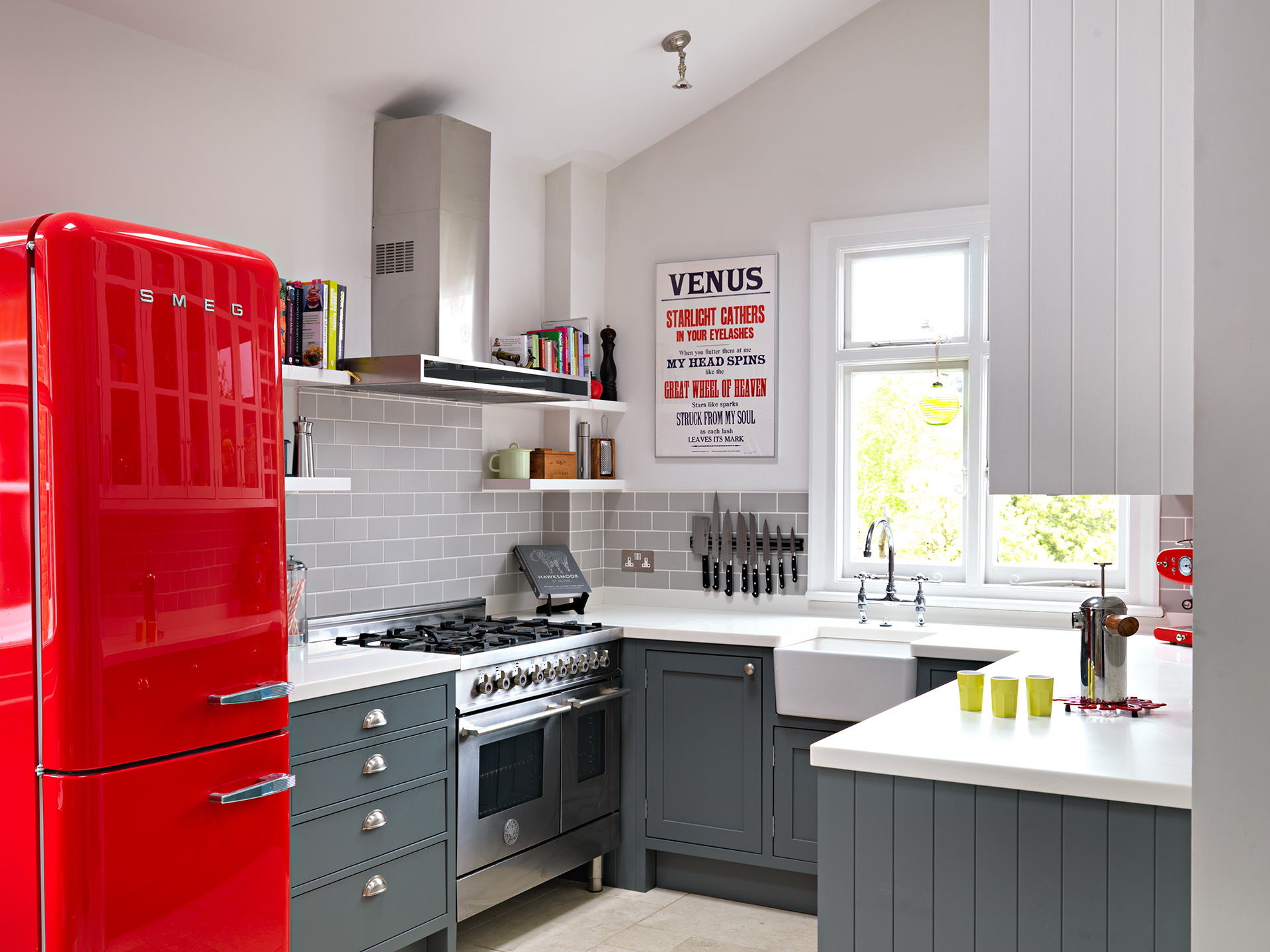 small kitchen designs 13. a cherry red fridge is the focal point QMQAKJD
