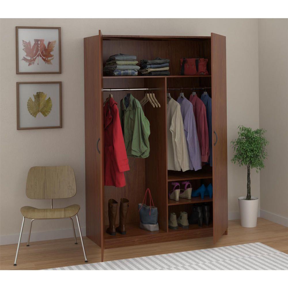 wardrobe storage closet with hanging rod and 2-shelves in american cherry NVBCFEJ