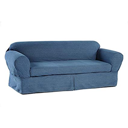 2 piece cotton washed heavy denim sofa slipcover, blue IIFOJJP