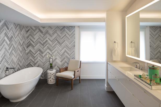 best flooring ideas herringbone tile wall uplifts modern master bathroom LTZWPIX