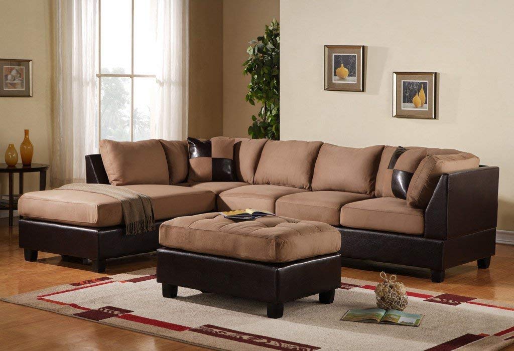 brown sectional sofa amazon.com: 3-piece modern reversible microfiber / faux leather sectional  sofa set w/ ELBAESX