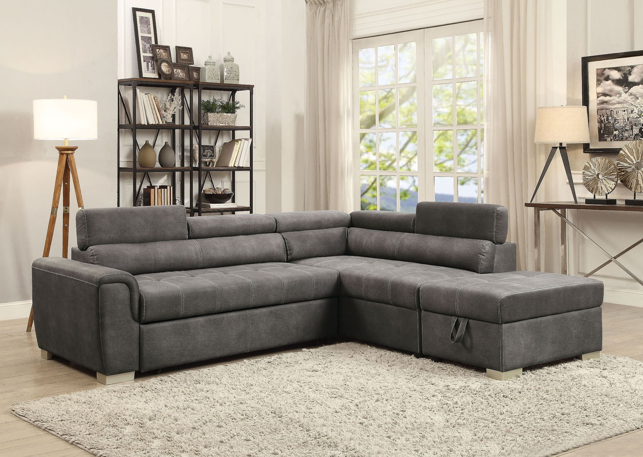 thelma gray polished sectional sleeper sofa with ottoman KXZTTDU
