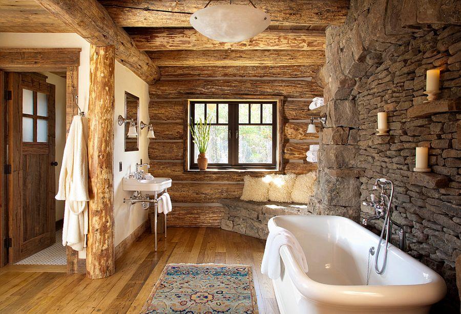 Natural stone tiles give a rustic touch to farmhouse bathrooms