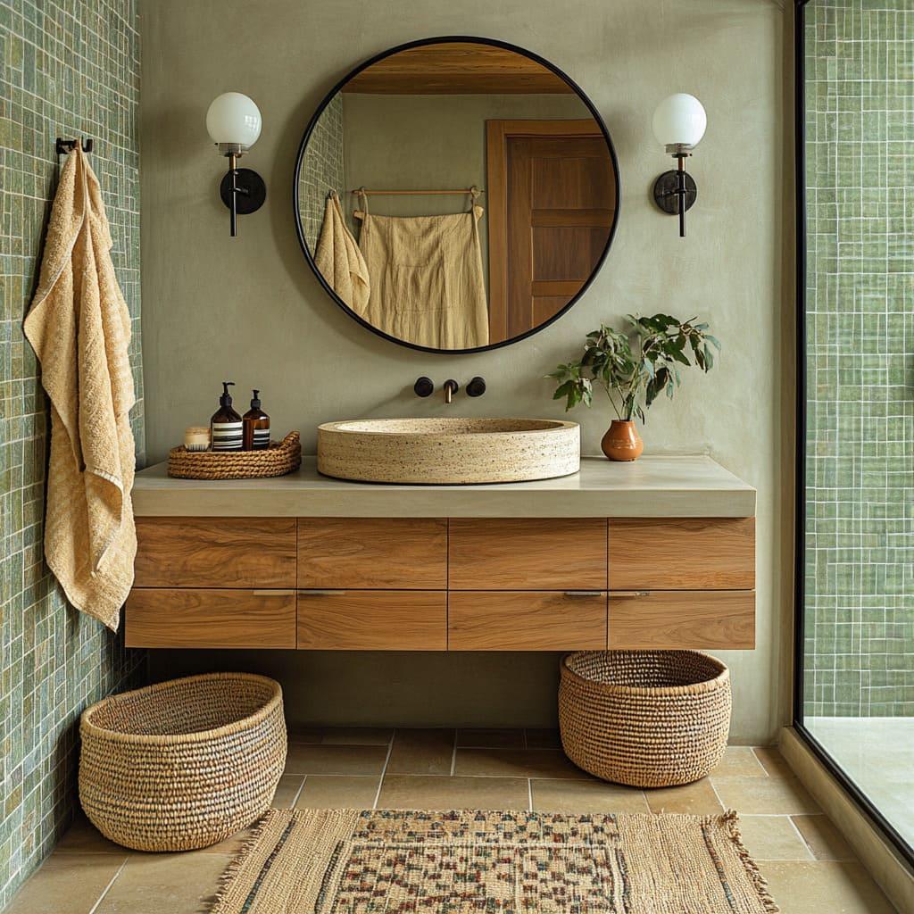 Layered textiles for a cozy eclectic bathroom feel