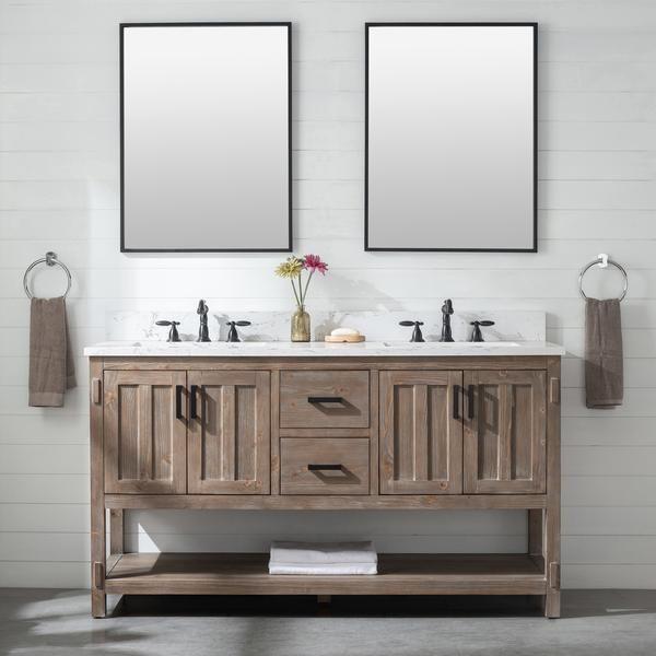 Opt for double vanities to enhance functionality in farmhouse bathrooms