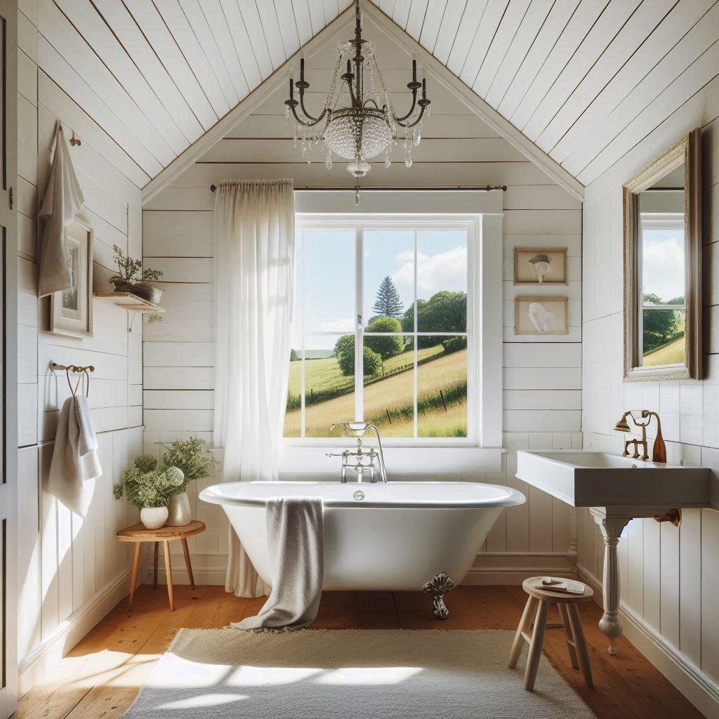 Farmhouse bathrooms benefit from natural light and bright spaces