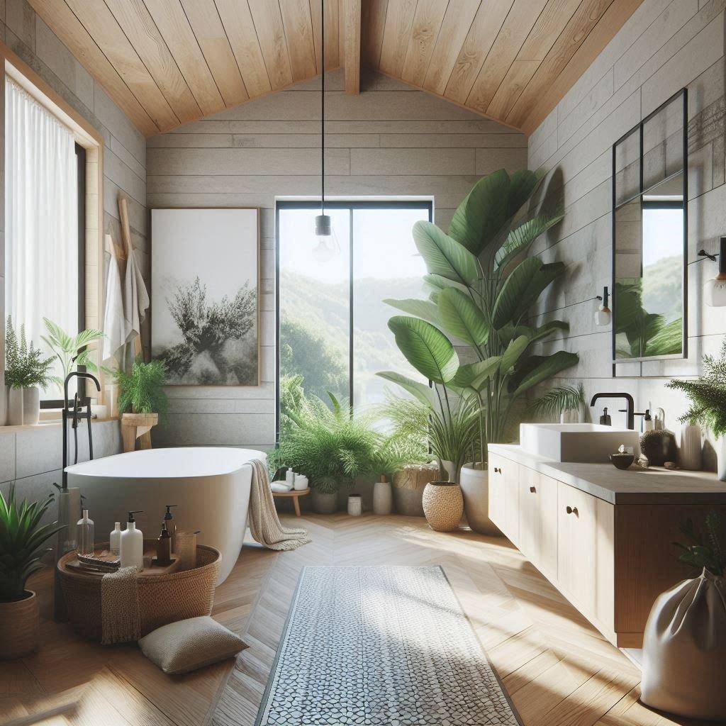 Potted plants ​introduce nature into farmhouse bathrooms