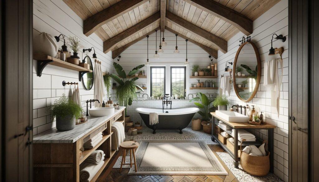 Functional layouts make farmhouse bathrooms effortlessly charming