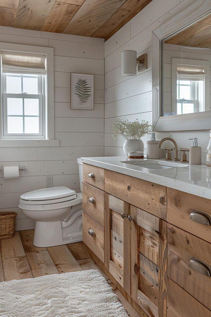 Charming shiplap walls bring warmth to farmhouse bathrooms