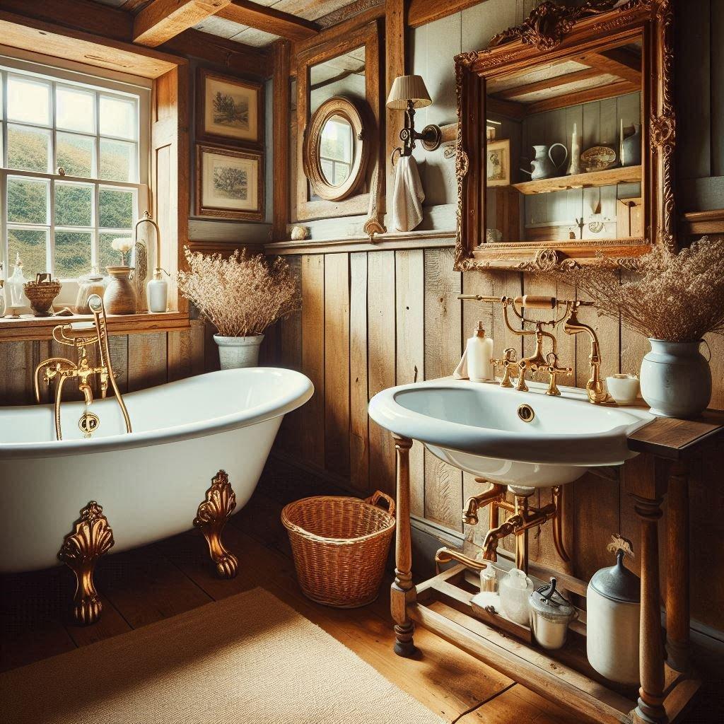 Farmhouse bathrooms shine with retro fixtures and finishes