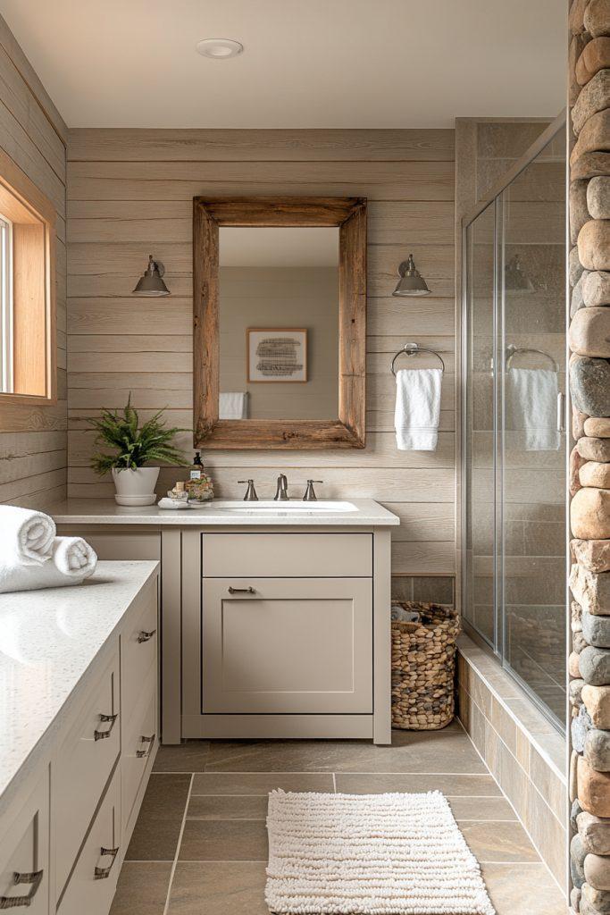 Driftwood accents⁢ add a beachy feel to ‍farmhouse bathrooms