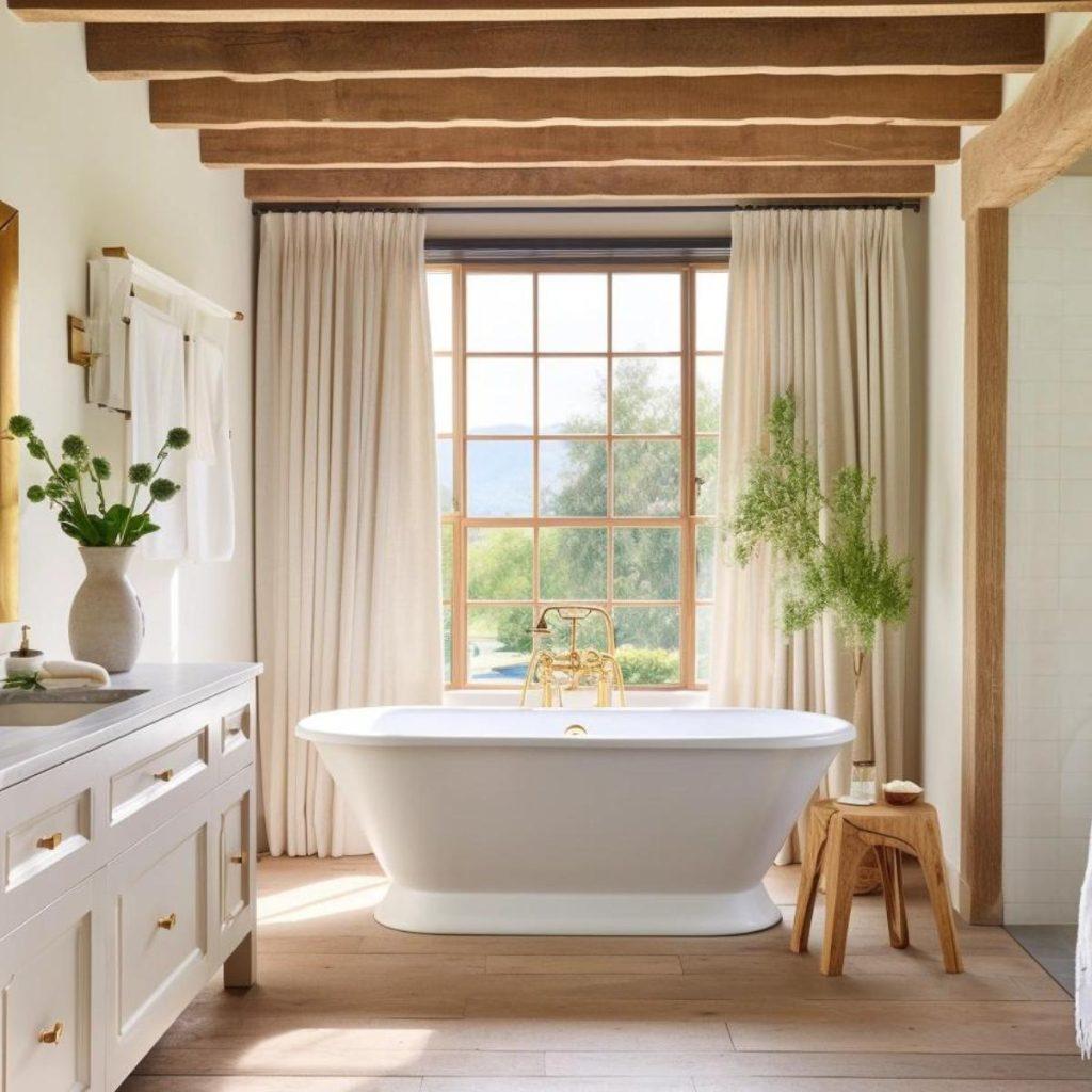 Natural light from large windows brighten farmhouse bathrooms beautifully