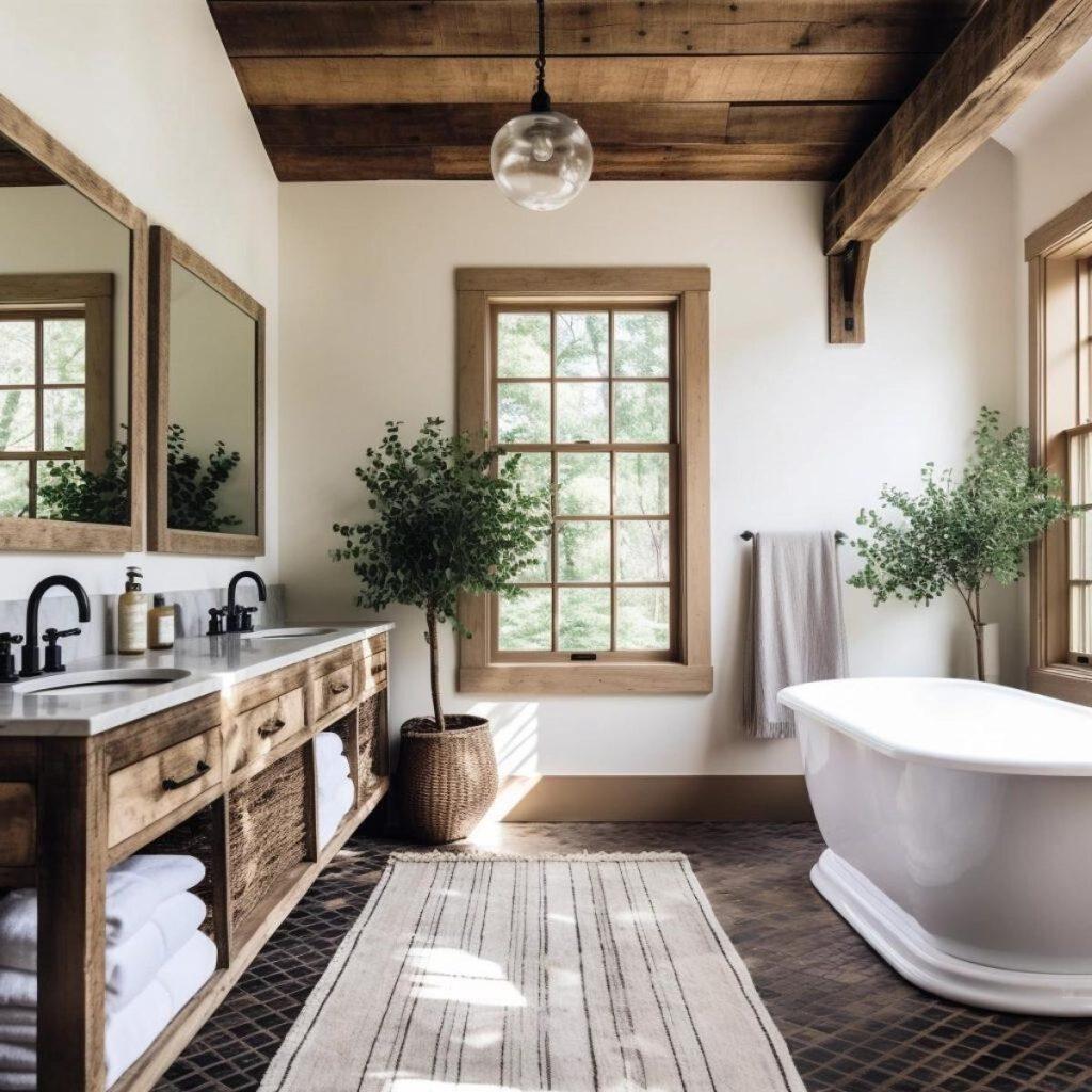 Choose rustic wood accents for easy farmhouse bathrooms updates