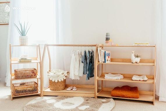 Install open shelves for ​showcasing books and​ toys‍ in the boy nursery