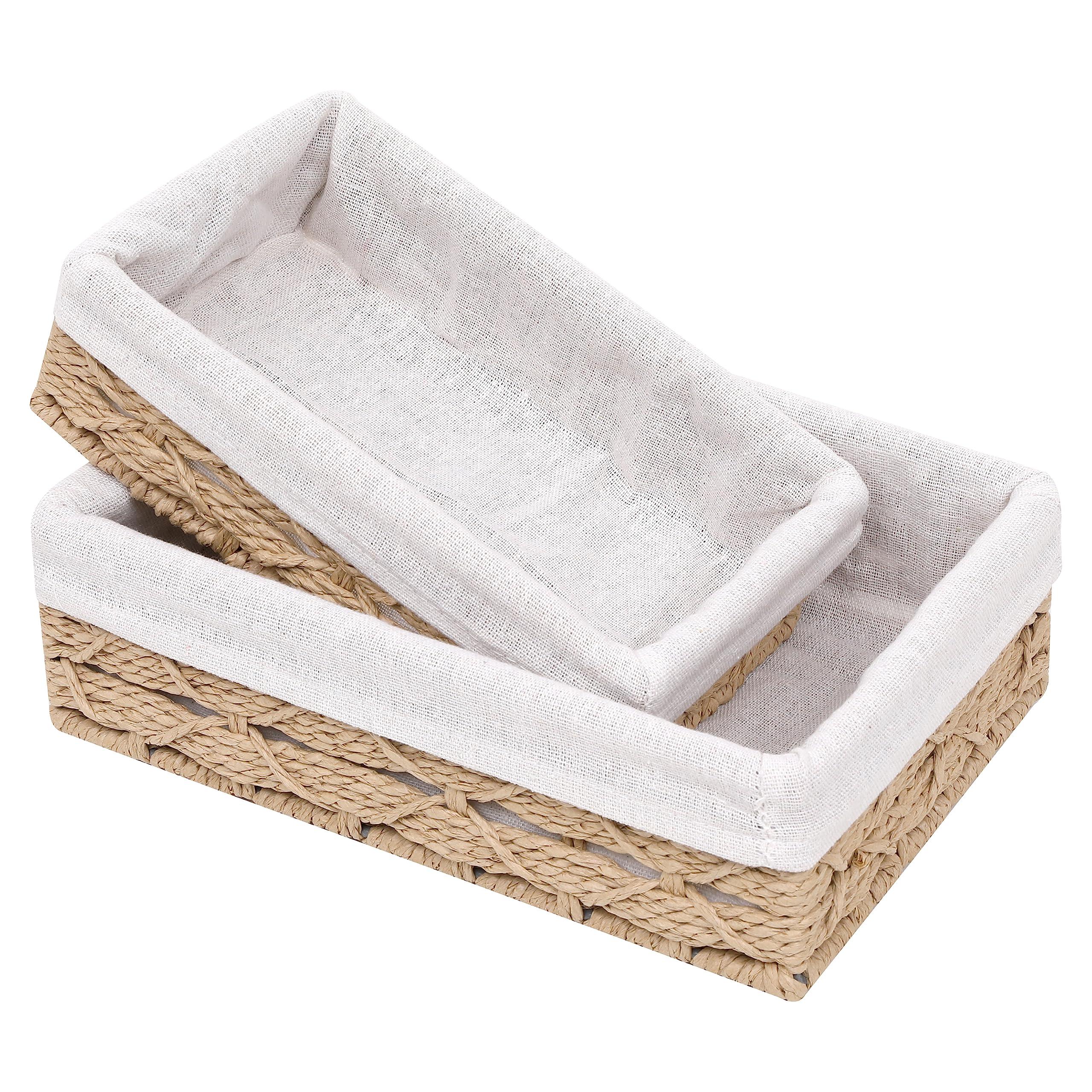 Woven baskets for storage add texture to farmhouse bathrooms