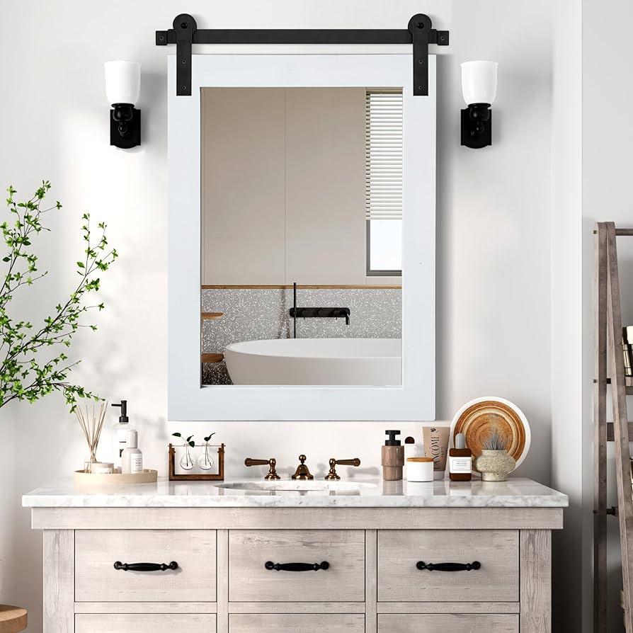 Barn-inspired mirrors serve as focal points‍ in farmhouse bathrooms