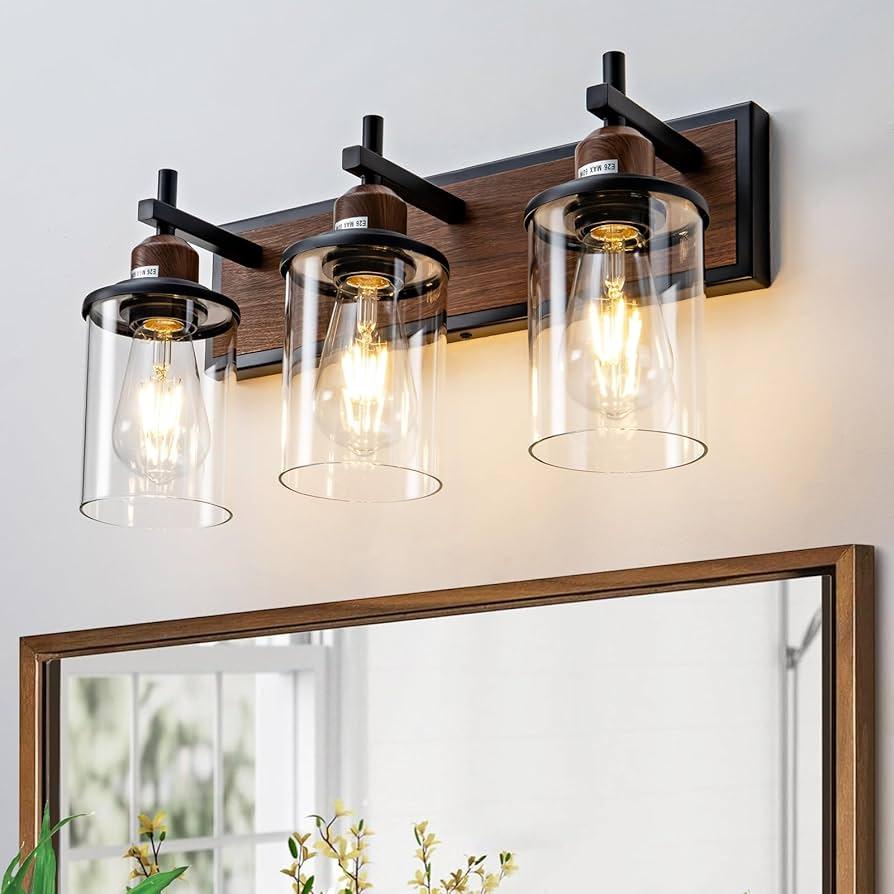 Lantern-style lighting fixtures illuminate farmhouse bathrooms beautifully