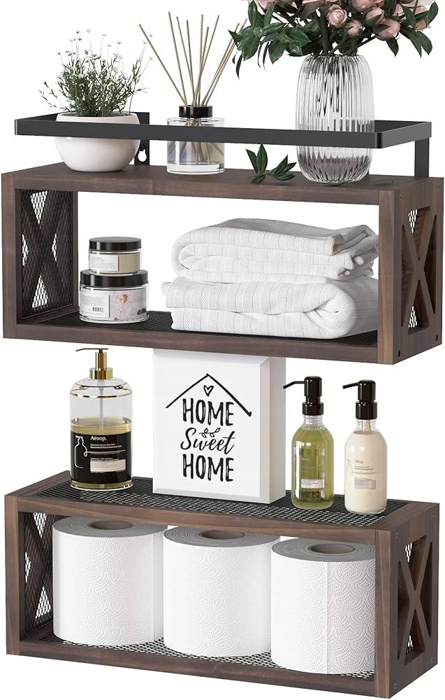 Incorporate rustic wood shelving for farmhouse bathrooms charm