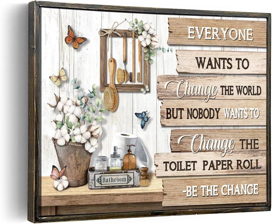 Add framed art to personalize farmhouse bathrooms spaces