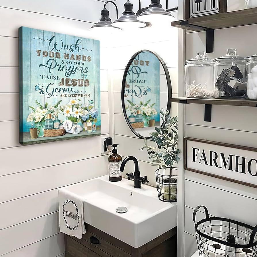 Hang your favorite quotes for inspiration in farmhouse‍ bathrooms