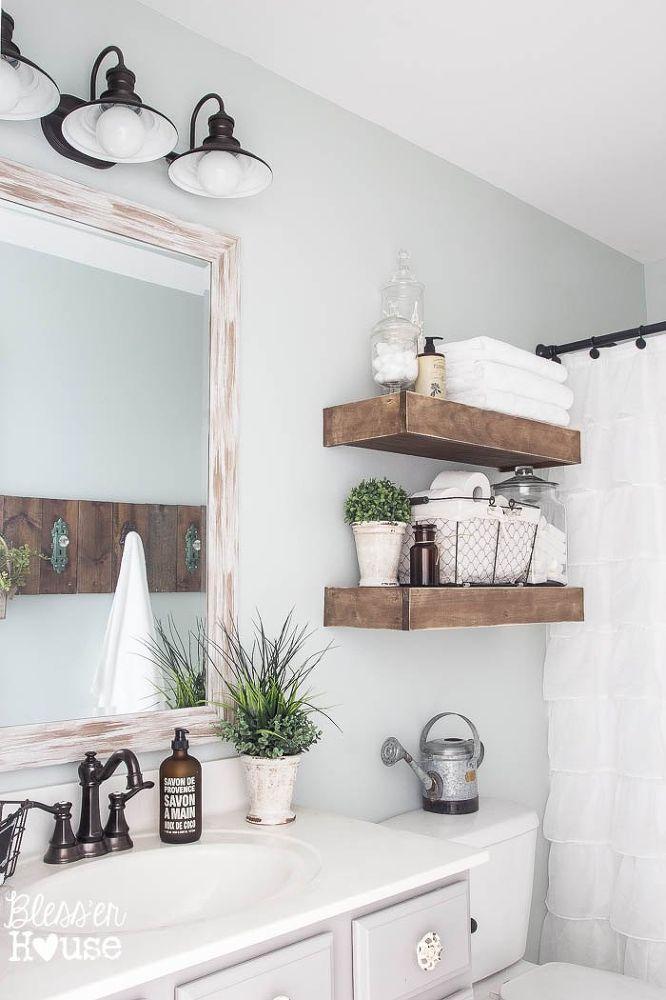 Create ⁣open shelving for easy organization in⁣ farmhouse bathrooms