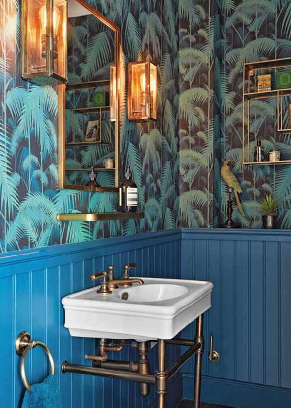 Bold wallpaper patterns for an eclectic bathroom statement wall