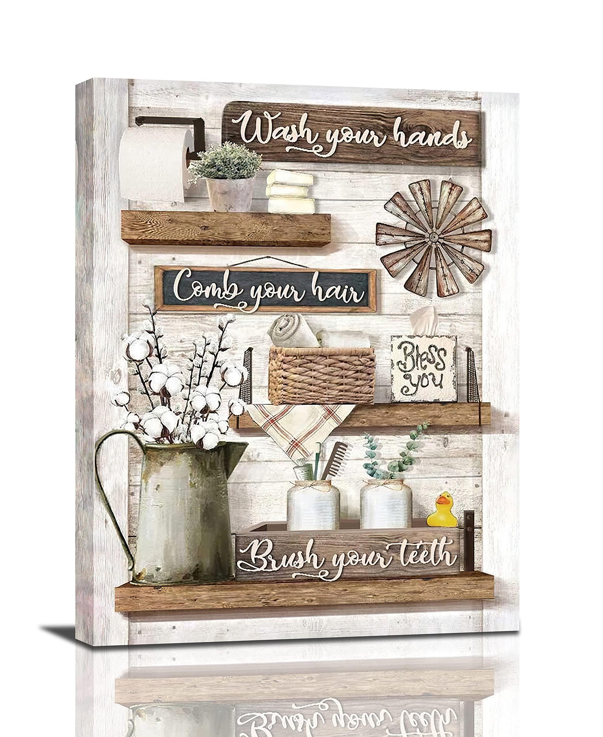 Rustic framed‍ artworks personalize farmhouse bathrooms