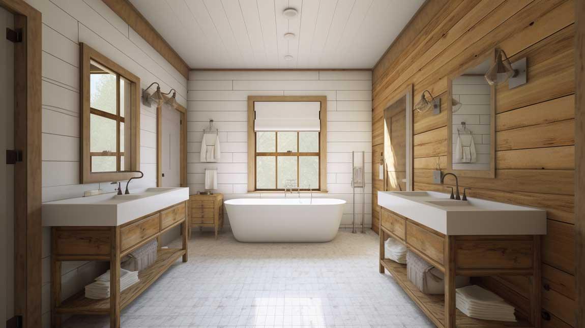 Incorporate woven baskets for a touch of ​texture in farmhouse bathrooms