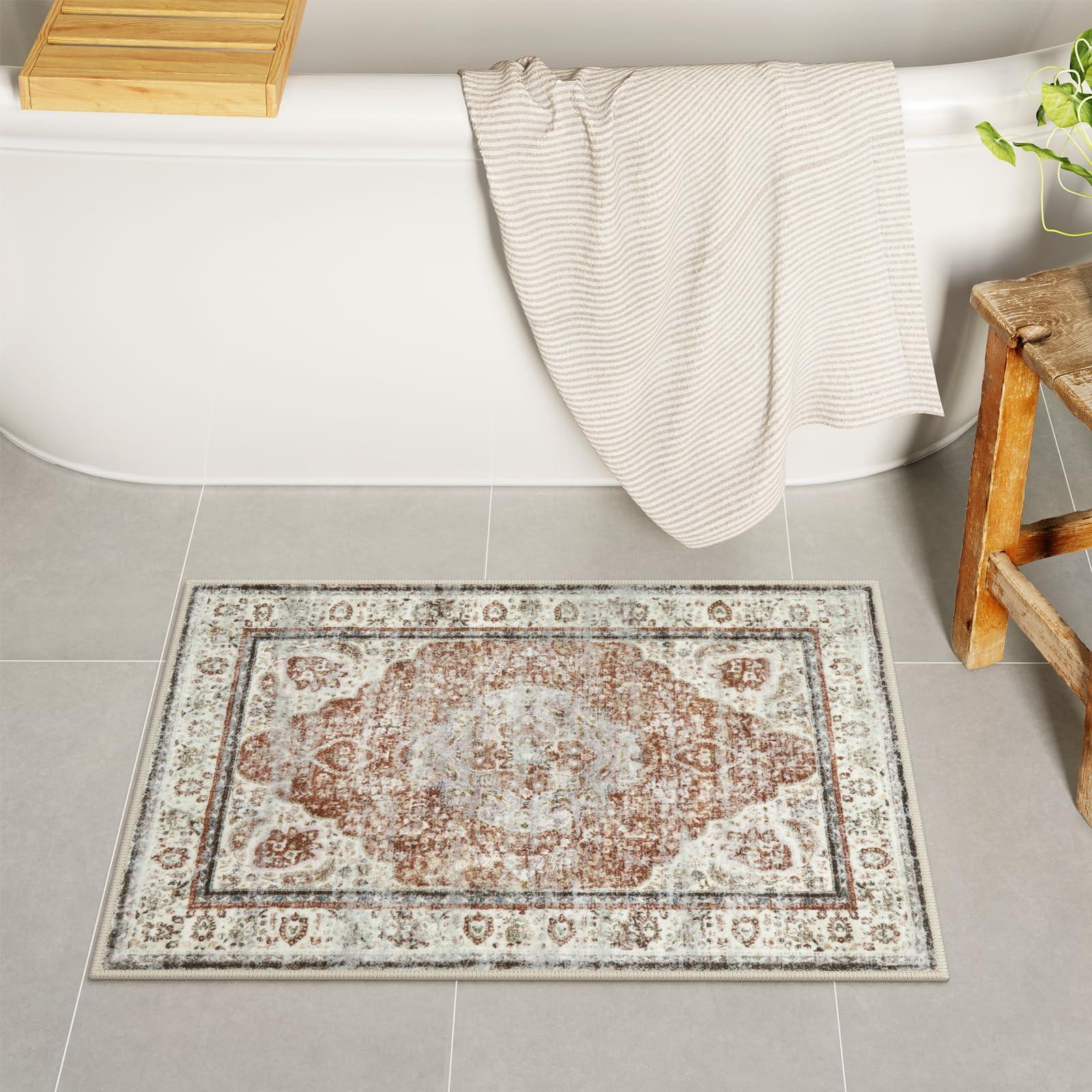 Cozy rugs provide comfort in farmhouse bathrooms