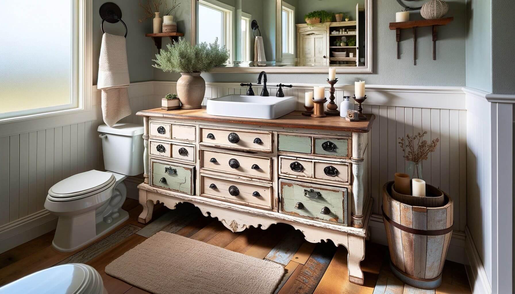 Whitewashed woods create airy spaces in farmhouse bathrooms