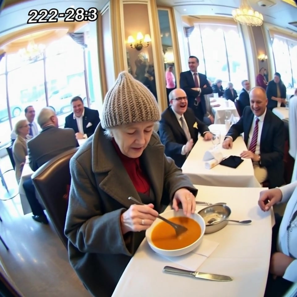 An elderly woman in old clothes entered an expensive restaurant, and people started laughing at