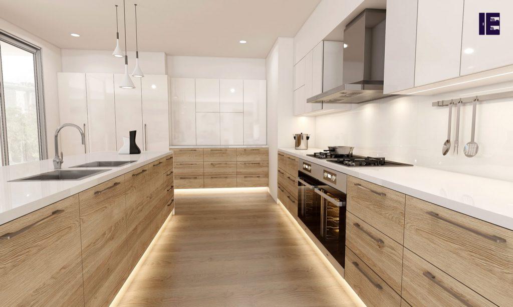 Consider integrated lighting to brighten and open ​up your galley kitchen