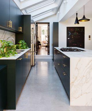 Incorporate a narrow kitchen island for added prep space in your galley kitchen