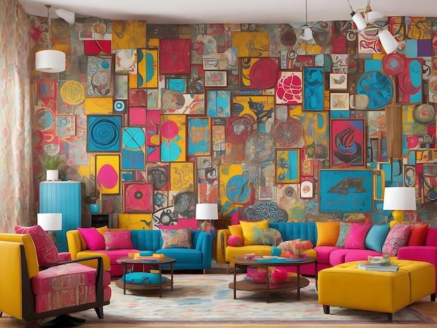 Integrate a bold wallpaper to set the tone for your eclectic living room