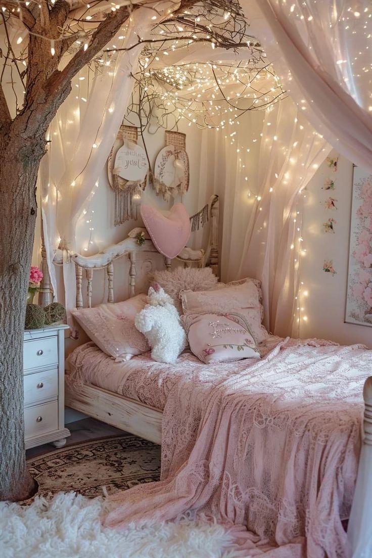 Cozy cottage teen bedroom ​adorned with fairy lights and‍ soft pastel hues