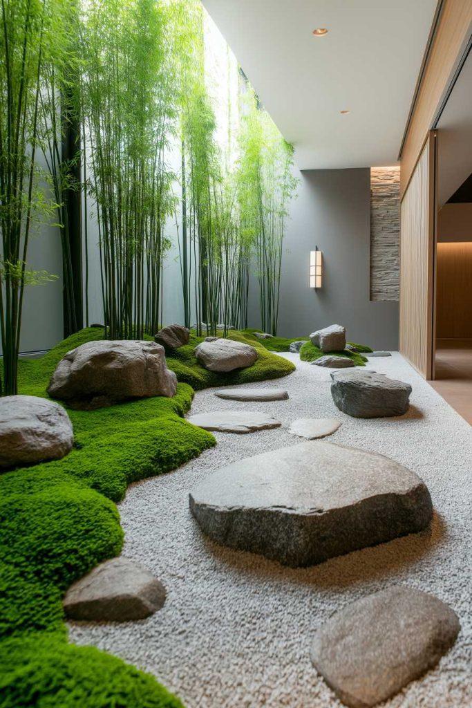 Lush greenery envelops a Zen Garden, creating a vibrant contrast to the gravel