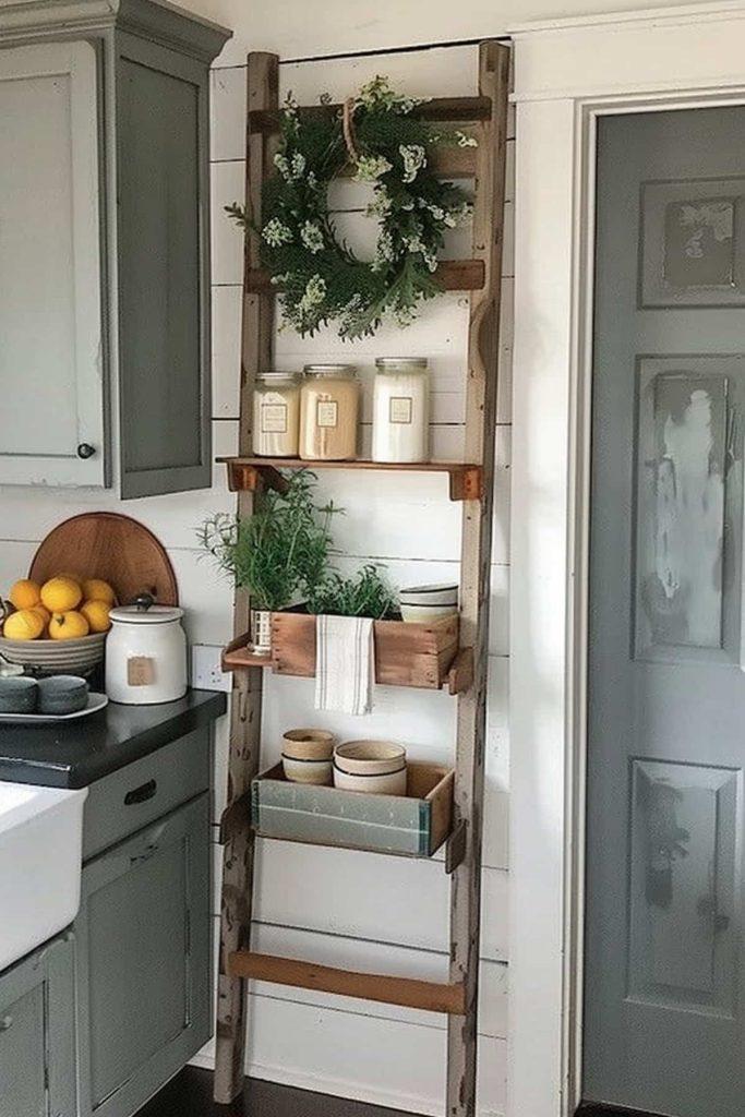 Hang an antique ladder for decorative storage in ‍your Farmhouse⁣ Kitchen