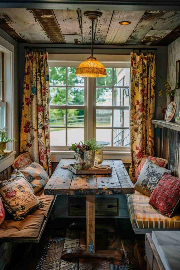 A cozy breakfast nook creates an inviting space in your farmhouse kitchen