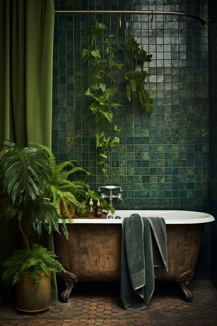 Terra-cotta pots‌ with lush plants beautify your eclectic bathroom oasis