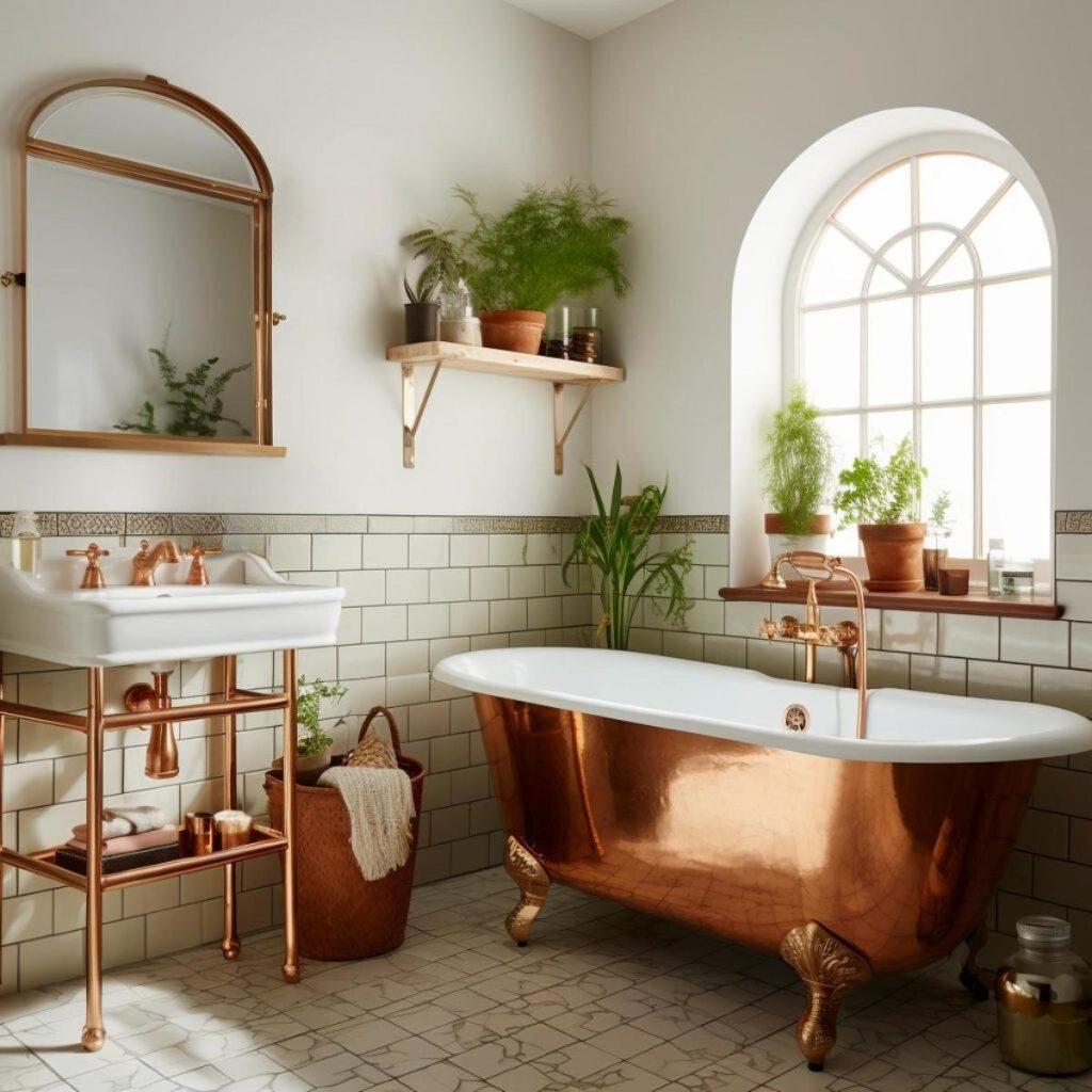 Opt for copper ⁣hardware for a vintage touch in farmhouse ​bathrooms