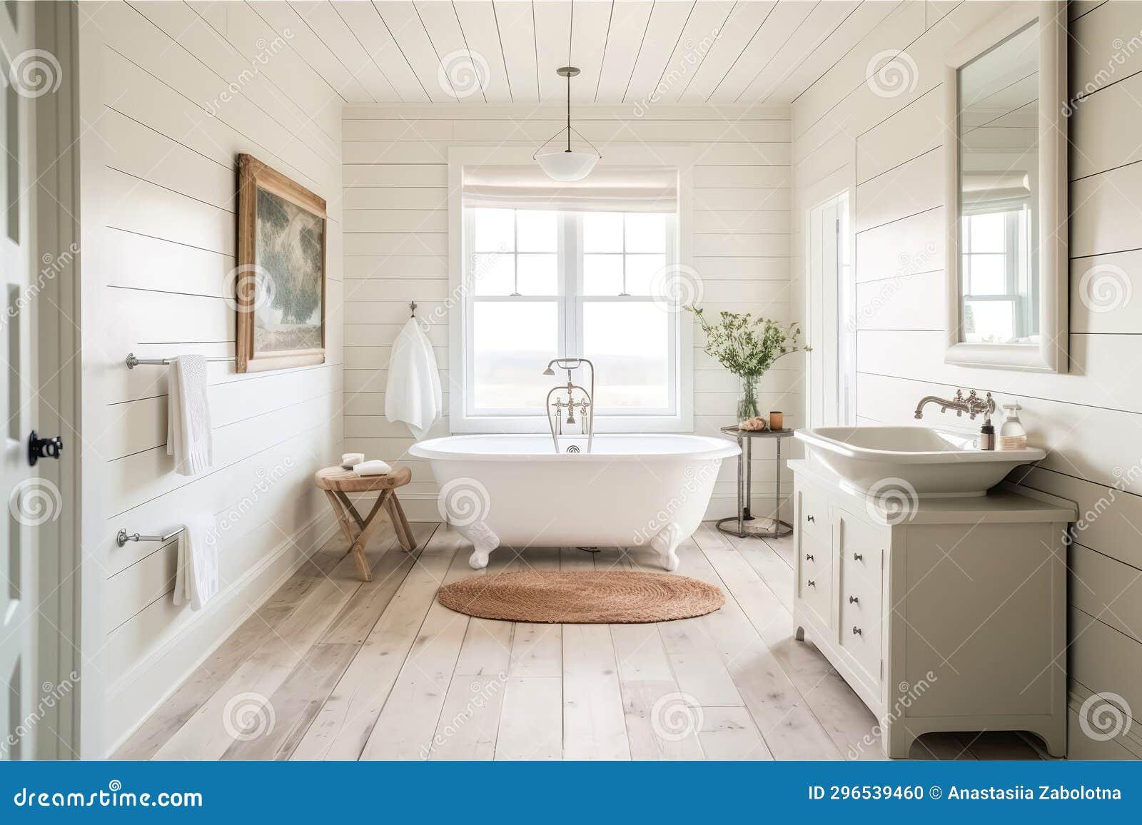 Bright white shiplap walls to create ⁢airy ⁢farmhouse bathrooms