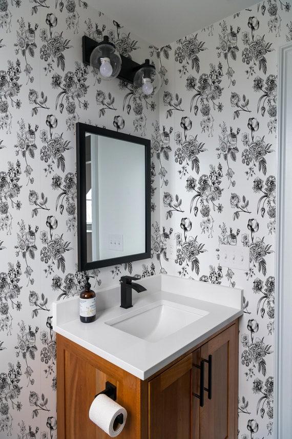 Use patterned ​wallpaper to add depth in Farmhouse Bathrooms