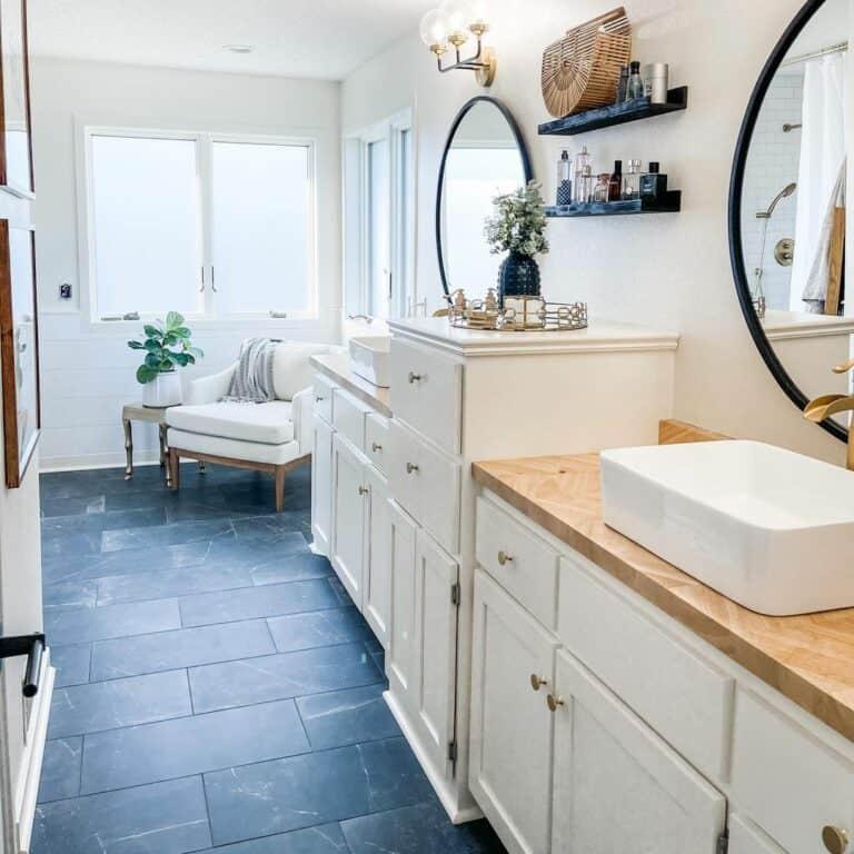 Cozy seating areas invite relaxation into farmhouse bathrooms