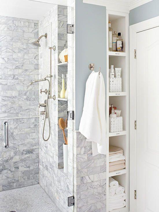 Install a towel rack near the shower for convenience in your narrow bathroom