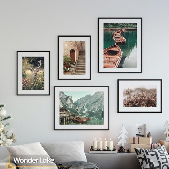 Create a gallery wall featuring nature photography in your earthy living room