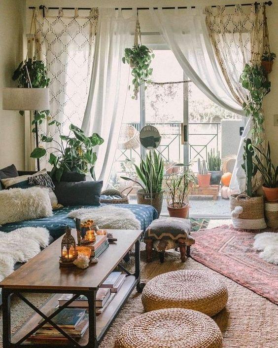 Hang flowing curtains to soften the light in your Boho Living Room