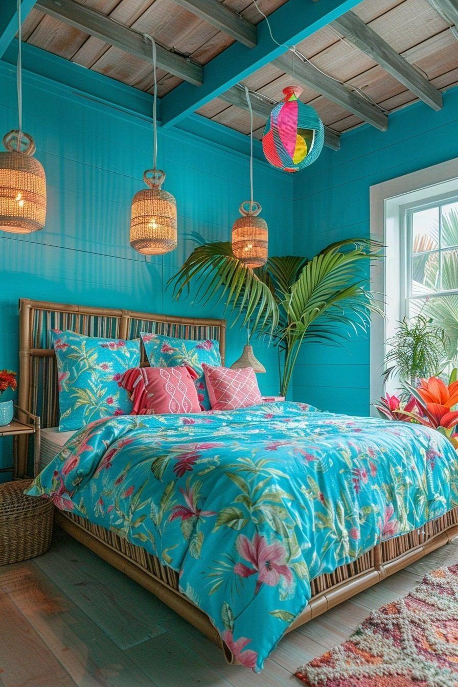 Tropical Bedroom: Escape to paradise ‍with lush greenery⁤ and bright prints