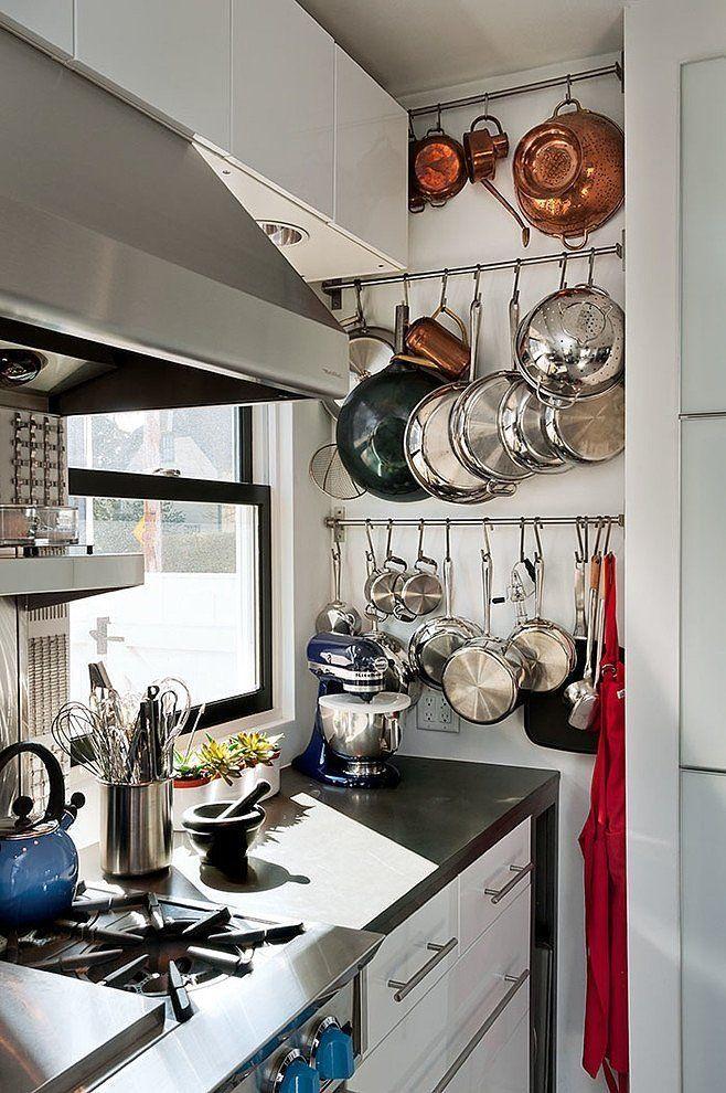 Hang⁣ pots and pans from a ceiling rack in your ⁤galley ‍kitchen for easy access