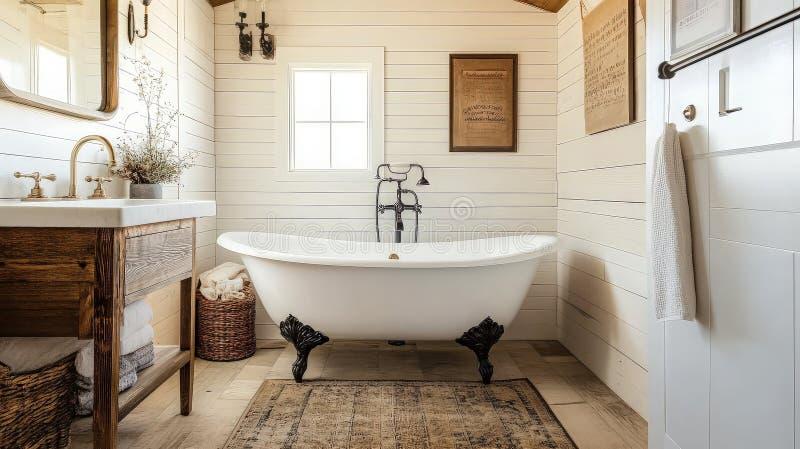 Warm wood tones enhance farmhouse bathrooms inviting​ atmosphere